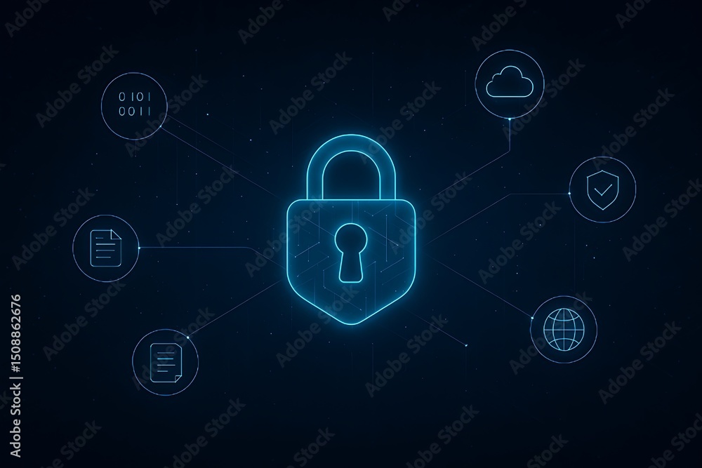 Poster secure data protection cyber security network safety padlock concept illustrating digital privacy sa