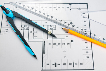 Renovation blueprint compass ruler pencil Project being made
