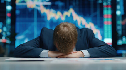 A businessman sits at a desk with his head down in defeat, in front of a screen showing a plummeting stock market chart.

