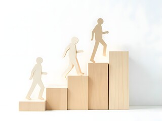 Teamwork and development illustrated with figures stepping up wooden block stairs high resolution picture