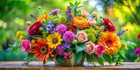 A vibrant floral arrangement with colorful blooms and lush greenery, flowers, garden decor