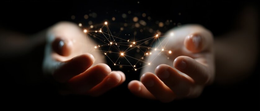 A pair of hands gently holding a glowing digital network structure, symbolizing connectivity, innovation, and control.