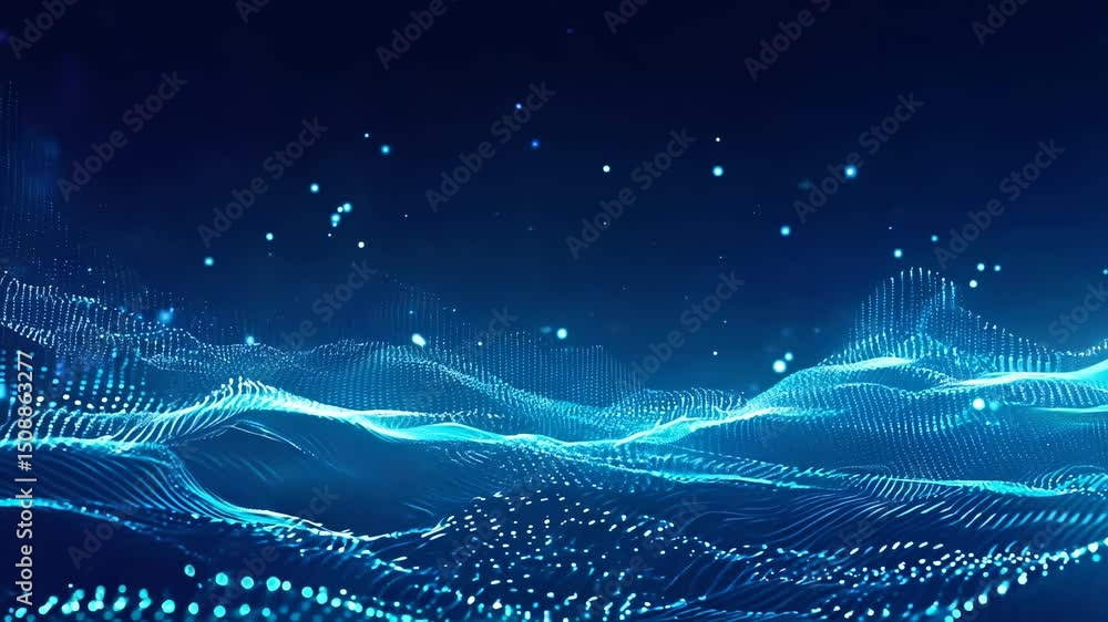 Poster abstract digital landscape with glowing blue particle waves, dynamic flowing digital terrain with sc