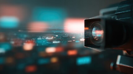 A high-tech video camera capturing digital visuals with an overlay of data streams, symbolizing live streaming and digital media production.

