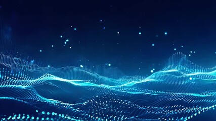 Abstract digital landscape with glowing blue particle waves, dynamic flowing digital terrain with scattered luminous points against dark background. - Powered by Adobe