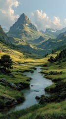 Obraz premium Stunning mountain landscape with a winding river in a serene valley during daytime
