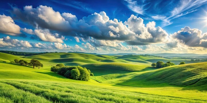 Rolling hills of verdant emerald grasses stretching towards a radiant blue sky with scattered white clouds on a warm sunny day, rolling hills, beautiful countryside photography