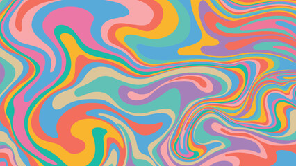 An abstract psychedelic swirl pattern featuring flowing lines and vibrant colors in a retro 60s and 70s style. This fluid art design evokes movement and creativity.