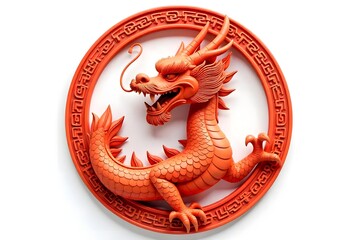 Fototapeta premium Chinese dragon figure curled in red circle representing cultural mythology and symbolism high resolution picture