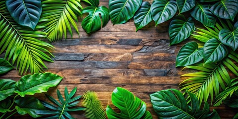 Colorful tropical green leaves scattered on a vibrant wooden table background with natural stone decor and lush vines, botanical