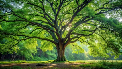 Majestic tree with vibrant green leaves standing alone in a forest