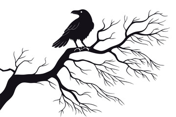 Raven silhouette on bare branch winter tree