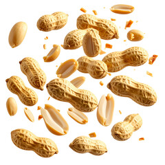 Pile of whole and shelled peanuts floating in the air transparent background