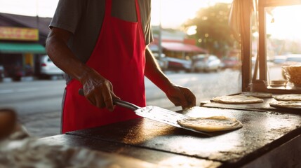 Obraz premium Street vendor wearing a red apron, flipping roti canai (flat bread) on a hot griddle. 