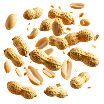 Pile of whole and shelled peanuts floating in the air transparent background