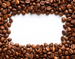 Roasted coffee beans frame with a bright clean and inviting central copy space