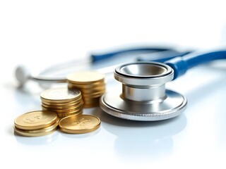 Healthcare economic system illustration with stethoscope and currency gold coins high resolution photo
