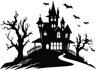 Spooky halloween haunted house silhouette bats trees