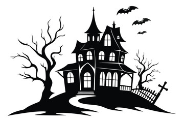 Spooky halloween haunted house silhouette bats trees