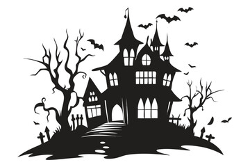 Spooky halloween haunted house silhouette bats trees