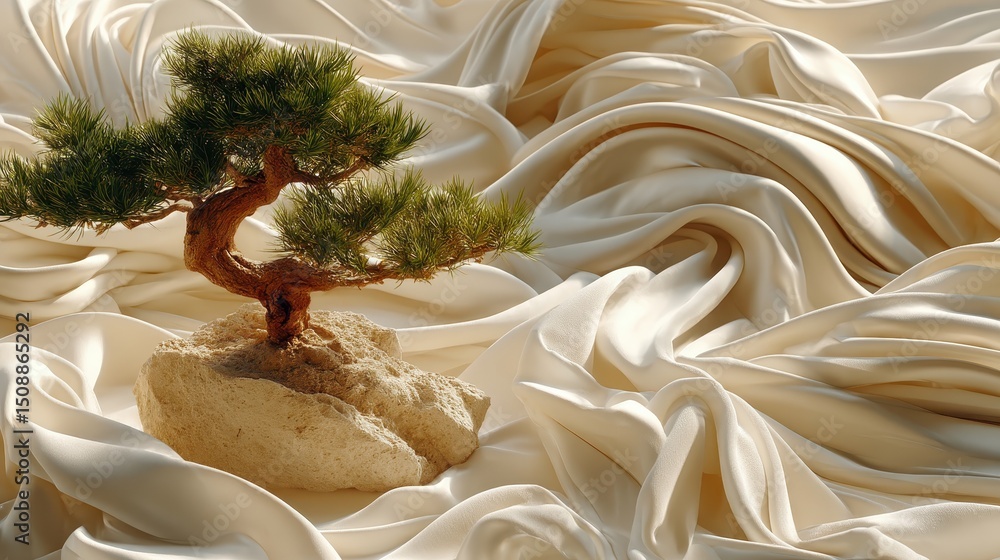Poster small tree growing on a rock surrounded by flowing curtain creating a poetic and serene frame for na