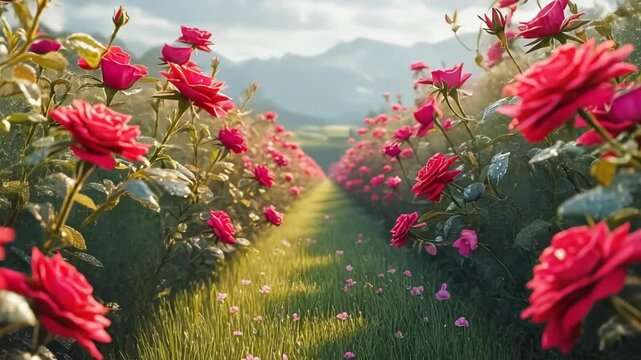 red rose garden path romantic flower field nature bloom valley landscape