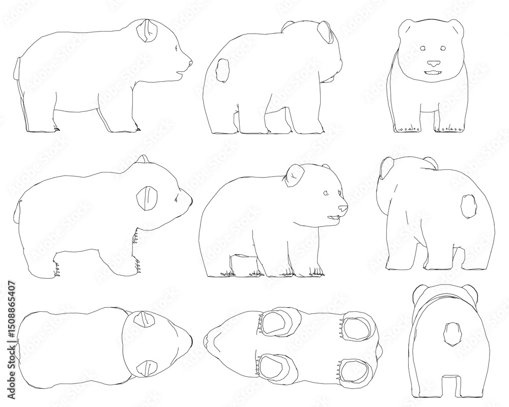Poster the image is a series of drawings of panda in different poses. the panda are all white and have no f