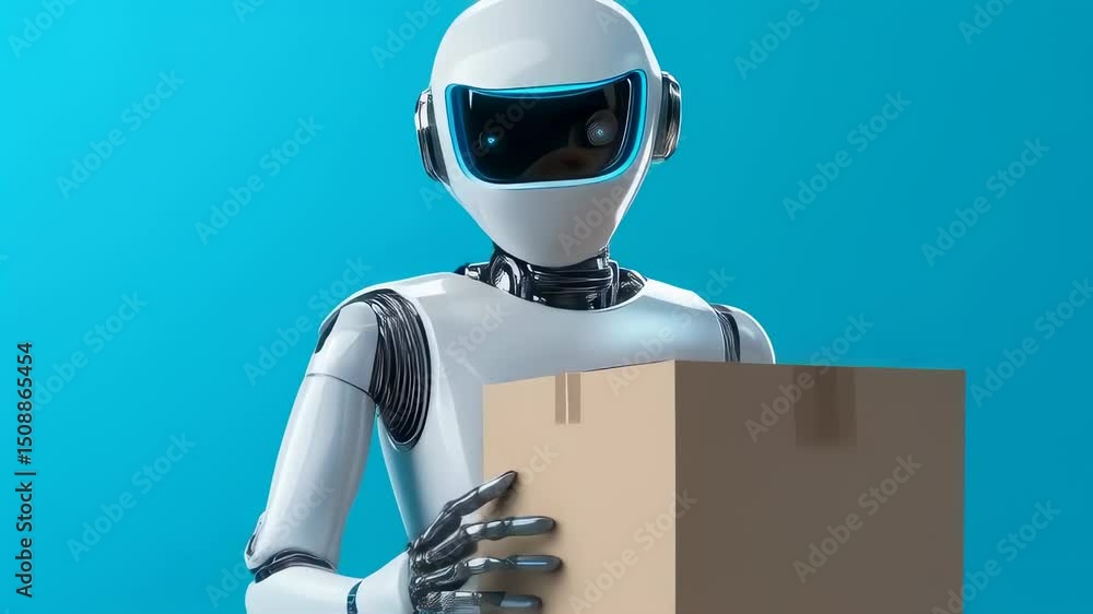 Poster humanoid robot with cardboard box against turquoise background. advanced robotic technology demonstr