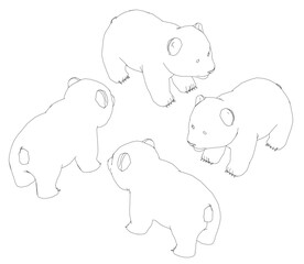 Four Panda are standing in a line. They are all white and have no markings. The Panda are looking in different directions, with one looking to the left, one to the right, one to the front. Isometric v