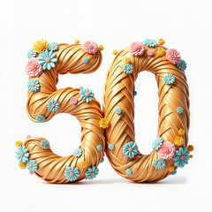 A golden 3D number 50 adorned with colorful flowers, celebrating a 50th birthday against a white background.