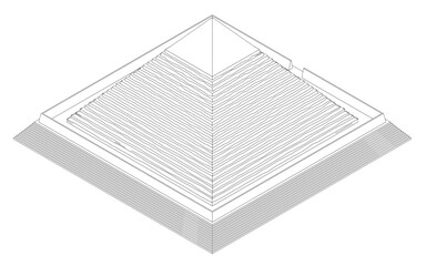 A pyramid is shown in black and white. The pyramid is very tall and has a very sharp point at the top. The pyramid is very detailed and has a lot of texture