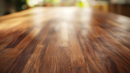 Close-up of a polished wooden tabletop showcasing rich grain texture, set against a blurred kitchen background, illuminated by soft sunlight.