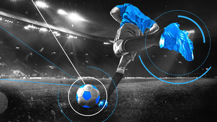 Young male athlete performs kick with neon overlays and motion-tracked ball flight under night sky....