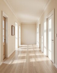 Fototapeta premium Soft light illuminates empty pastel-toned hallway modern home interior photography bright environment wide angle view tranquility