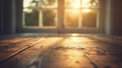 Close-up of a polished wooden tabletop showcasing rich grain texture, set against a blurred kitchen background, illuminated by soft sunlight.