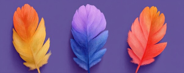 Obraz premium Three vibrant feathers showcased on a bold solid purple background