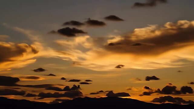 Golden Sunset Sky With Dark Horizon Featuring Dynamic Cloud Formations in Shades of Orange Yellow and Dark Underlit Mountain Silhouette