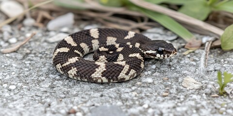 Fototapeta premium Juvenile Black headed Python Coiled on Ground Outdoors