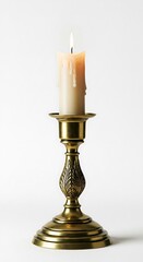 A single, lit candle in a brass candleholder
