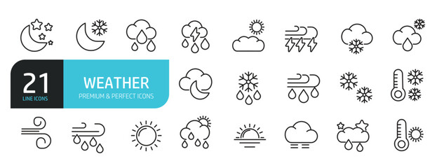 Set of line icons related to weather, meteorology. Editable stroke. Outline icons collection. Vector illustration stock illustration