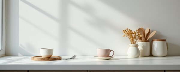 Minimal kitchen scene with white decor natural light home interior serene ambiance inviting viewpoint tranquil aesthetic