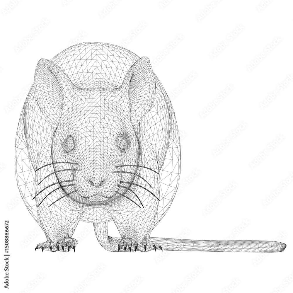 Poster a black and white drawing of a rat with a long tail. the rat is looking at the camera with a curious