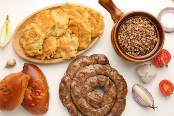 Traditional food of Ukraine is homemade sausage and buckwheat porridge.