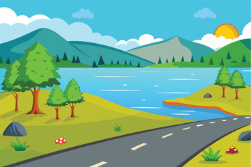 Obraz premium Scenic lake road landscape illustration, transparent background