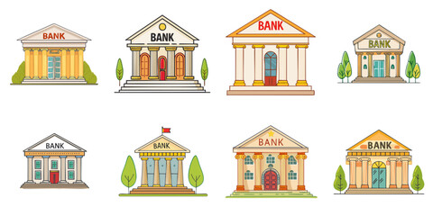 Fototapeta premium Multiple vector illustrations of banks, outlines