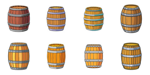 Multiple vector illustrations of barrels, outlines
