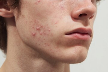 Close-up of skin with acne on young male face expressing concern