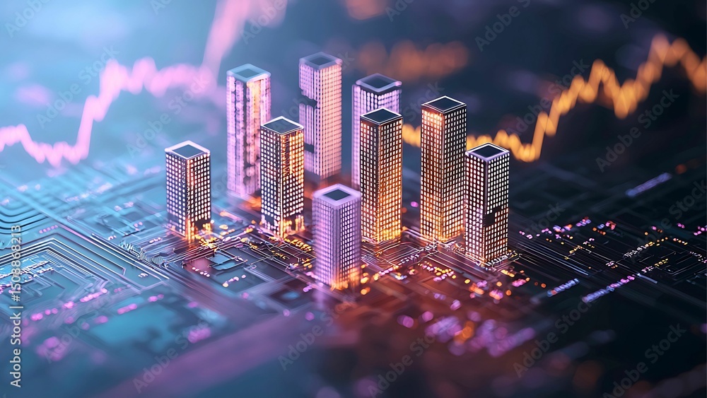 Poster abstract image of a circuit board with data analysis elements. highlighting financial data visualiza