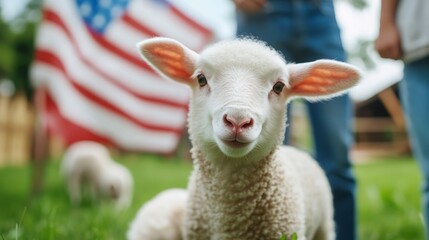 Obraz premium Cute Lamb on Green Grass with American Flag in Background, Outdoor Farm Setting
