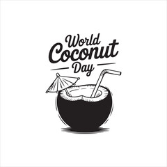 World Coconut Day Vector Illustration,Coconut Drink with Straw and Umbrella Line Art,Tropical Coconut Juice Outline Design,Hand Drawn Coconut Beverage Vector Graphic,Minimal Coconut Drink with Straw